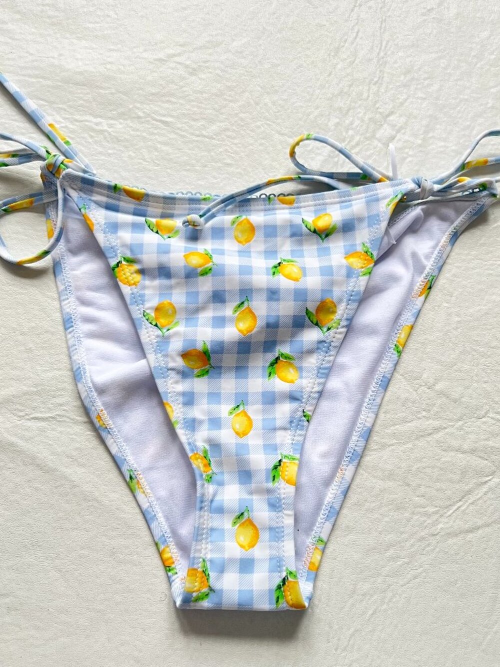 String bikini bottoms light blue gingham plaid lemon print XL swim Betty Jade